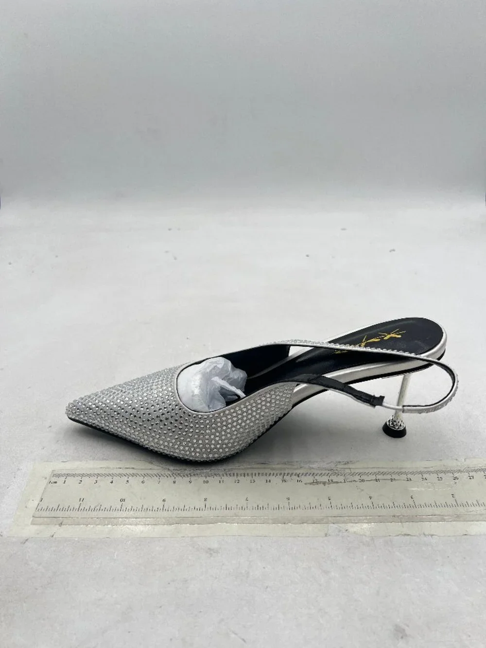 XYD Silver Pointed Toe Pump Rhinestones Crystals Thin Heels Slingback Strap Shoe